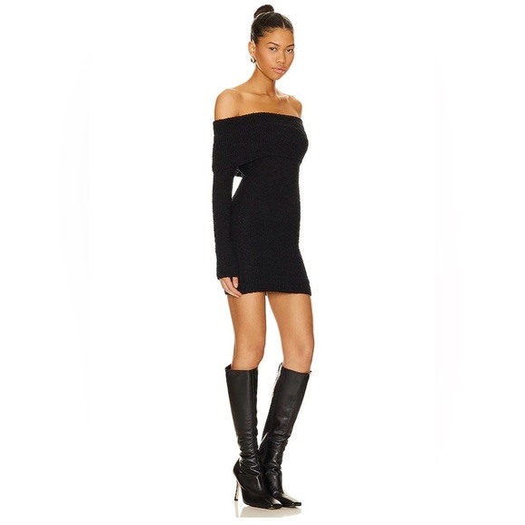 Revolve superdown Black Ribbed Off The Shoulder Mini Sweater‎ Bodycon Dress - Picture 1 of 7